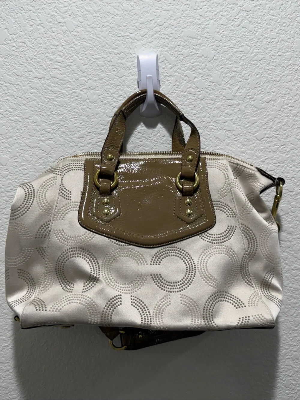 Coach Cream and Brown Signature Patent Trim Satchel